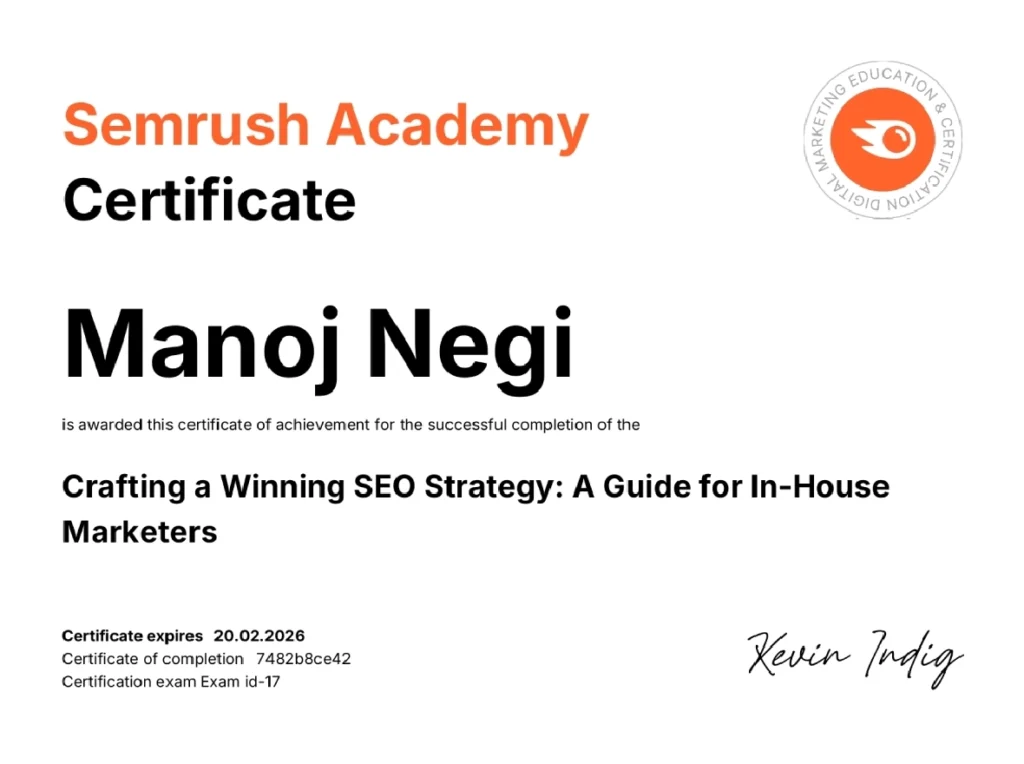 Semrush Academy Certificate Winings SEO Strategy Manoj Negi