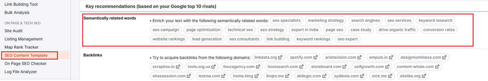 SEMrush tool SEO content template feature to find the semantive keywords of the target keywords