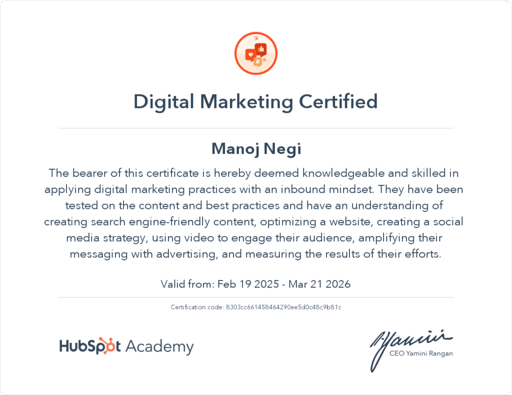 HubSpot Academy Digital Marketing Certified Manoj Negi